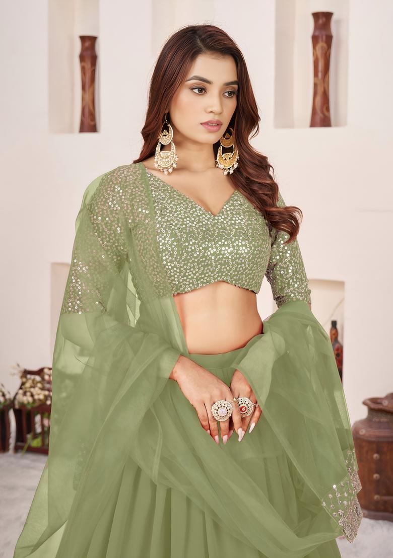 Olive Embroidered Georgette Lehenga Set - Indya