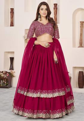 Pink Embroidered Georgette Lehenga Set