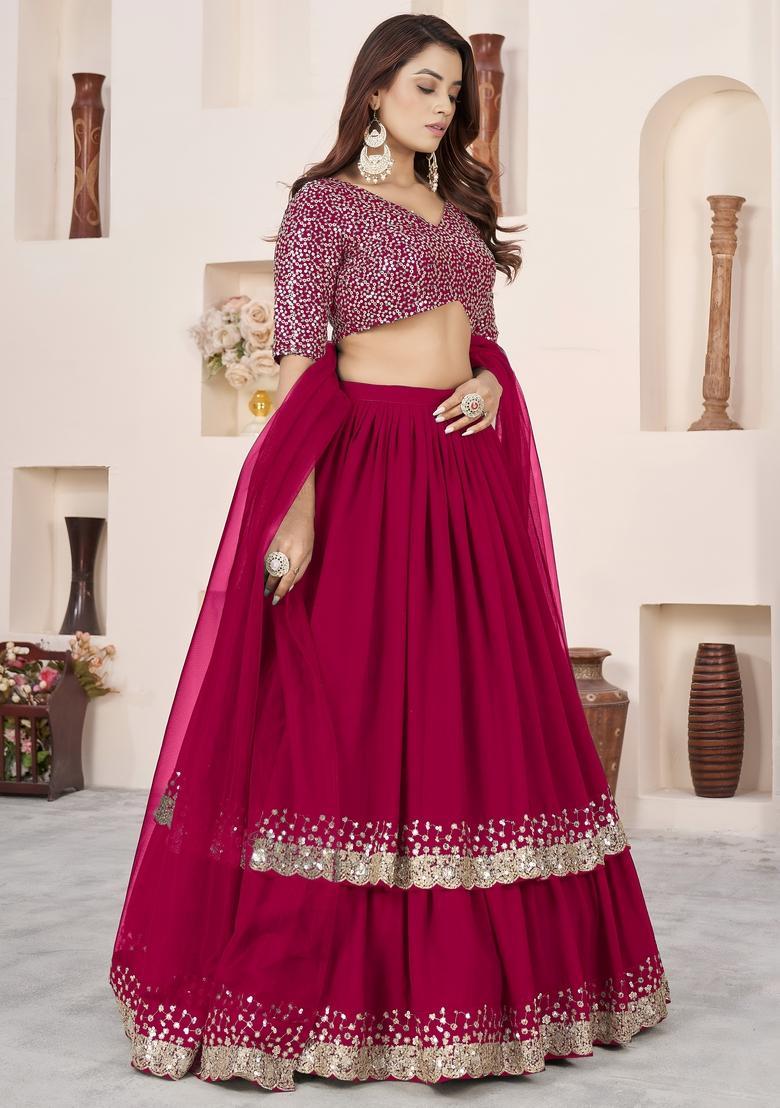 Pink Embroidered Georgette Lehenga Set - Indya