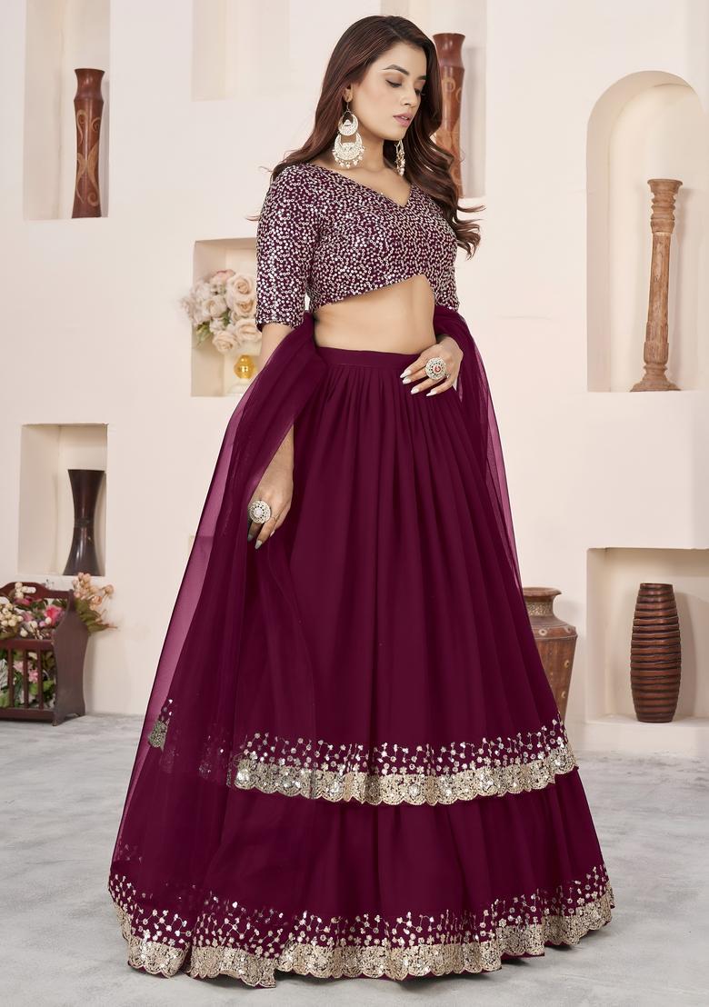 Purple Embroidered Georgette Lehenga Set - Indya