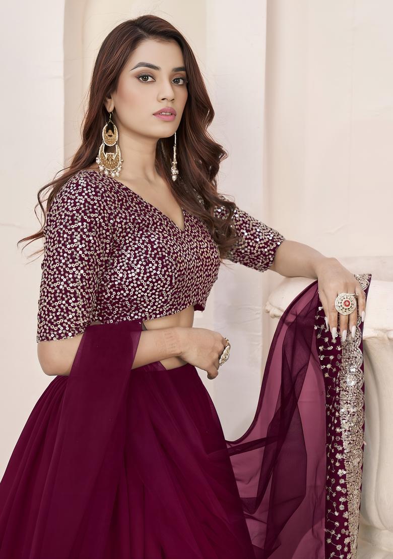 Purple Embroidered Georgette Lehenga Set - Indya