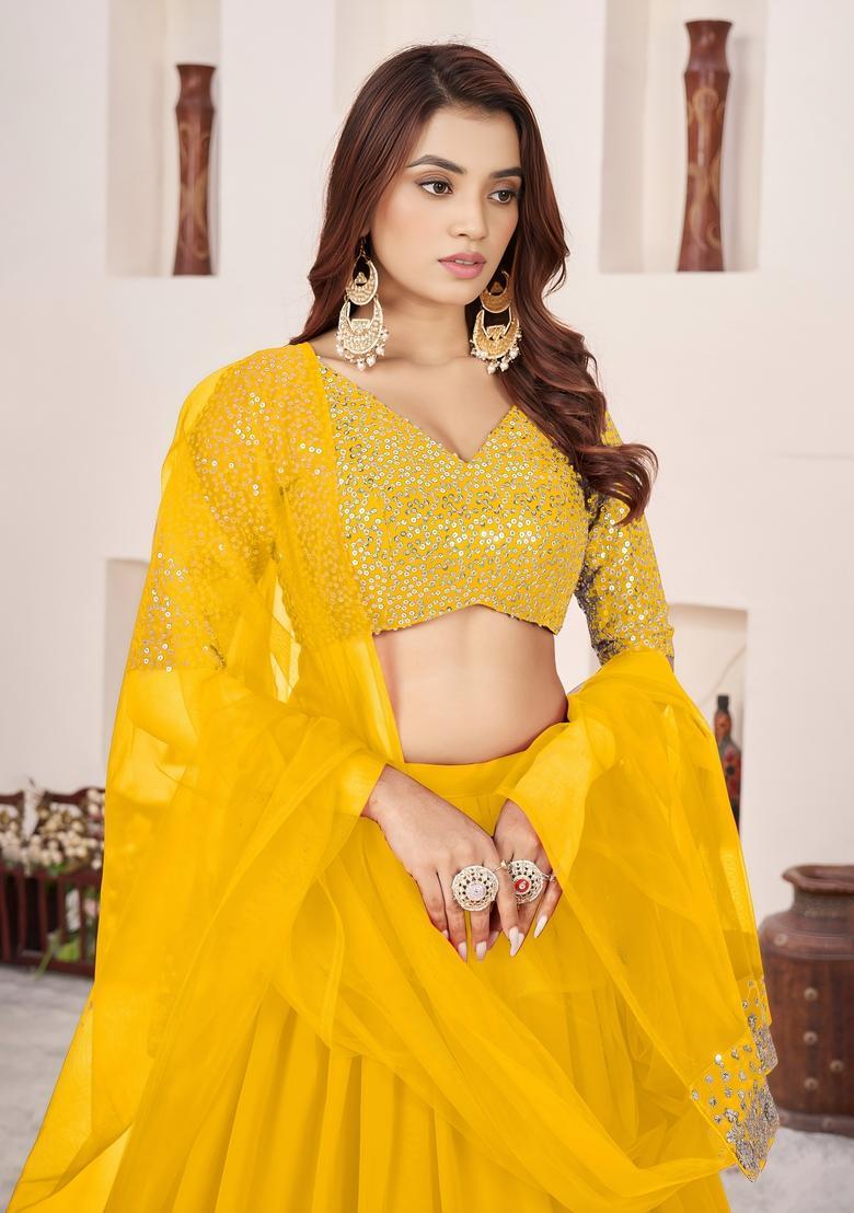 Yellow Embroidered Georgette Lehenga Set - Indya
