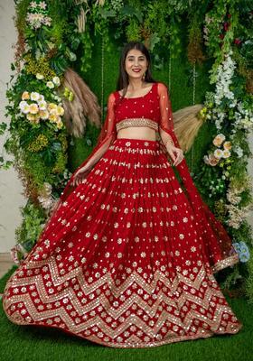 Red Embroidered Georgette Lehenga Set
