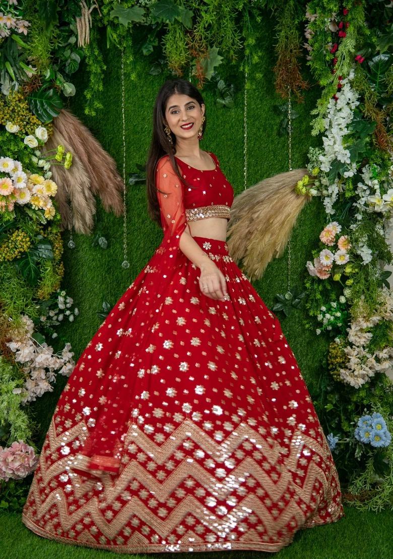 Red Embroidered Georgette Lehenga Set - Indya