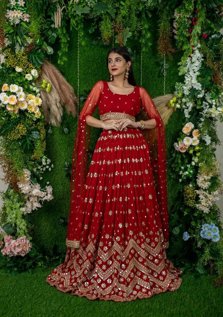Red Embroidered Georgette Lehenga Set - Indya
