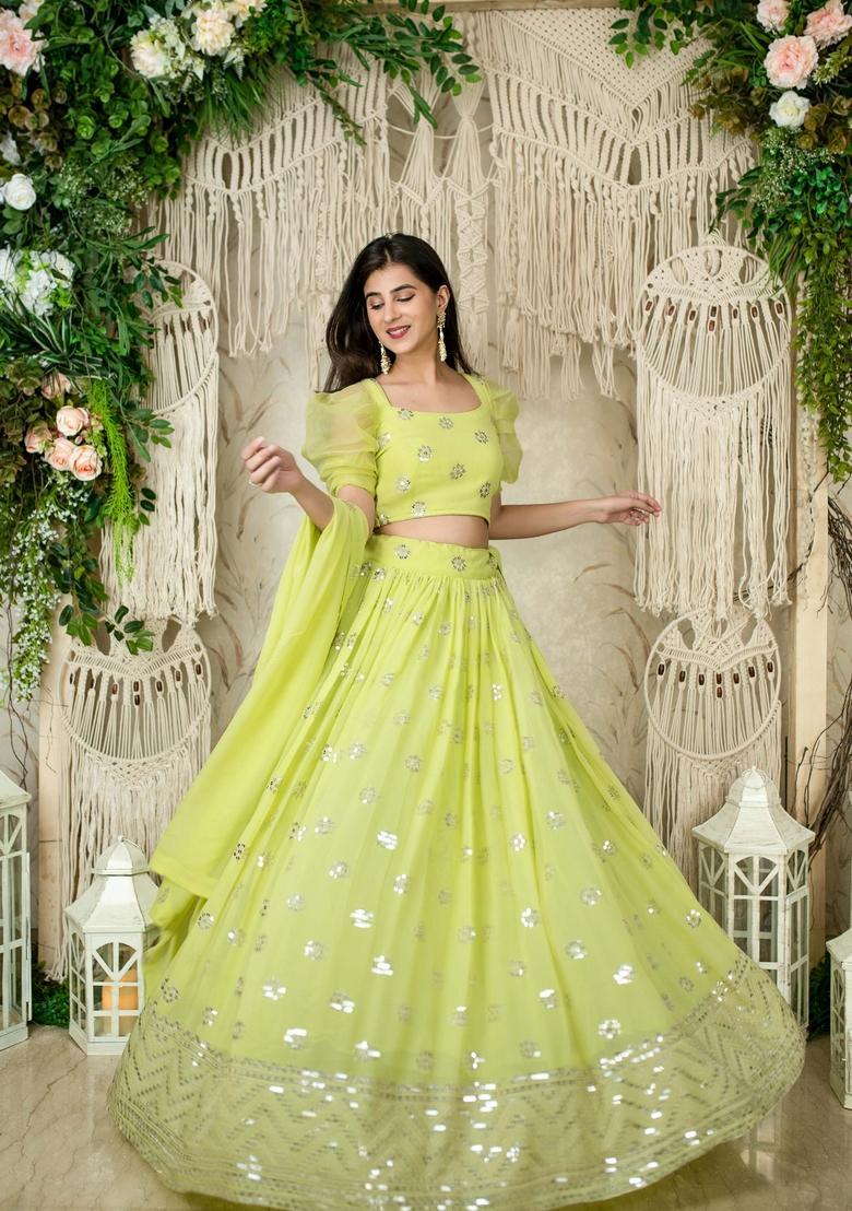 Light Green Embroidered Georgette Lehenga Set - Indya