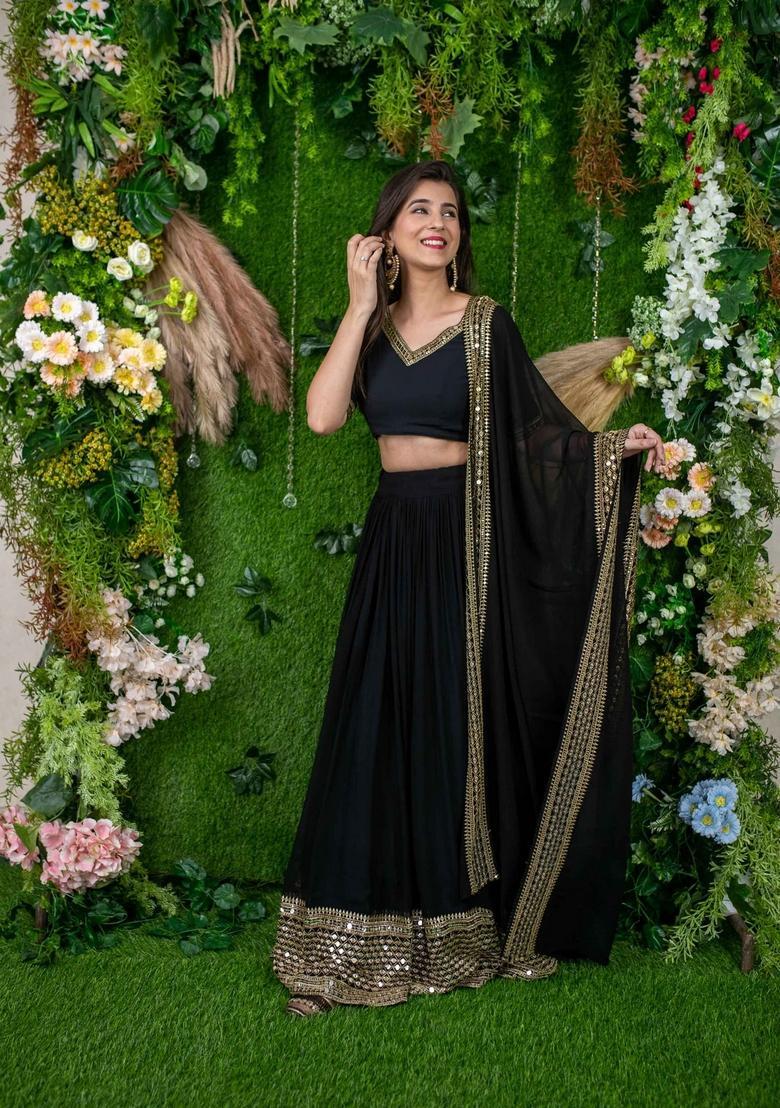 Black Embroidered Georgette Lehenga Set - Indya
