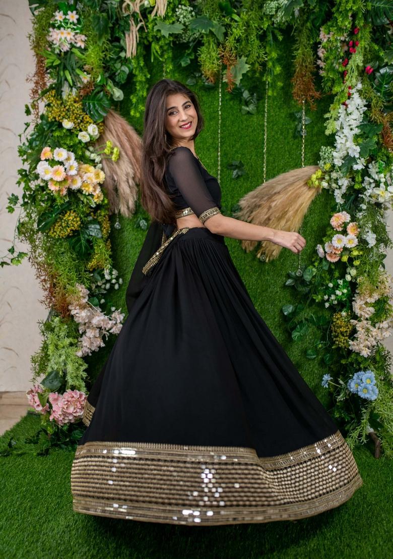 Black Embroidered Georgette Lehenga Set - Indya