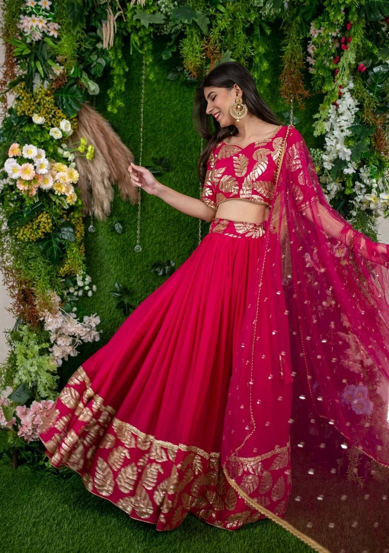 Rani Pink Embroidered Georgette Lehenga Set - Indya