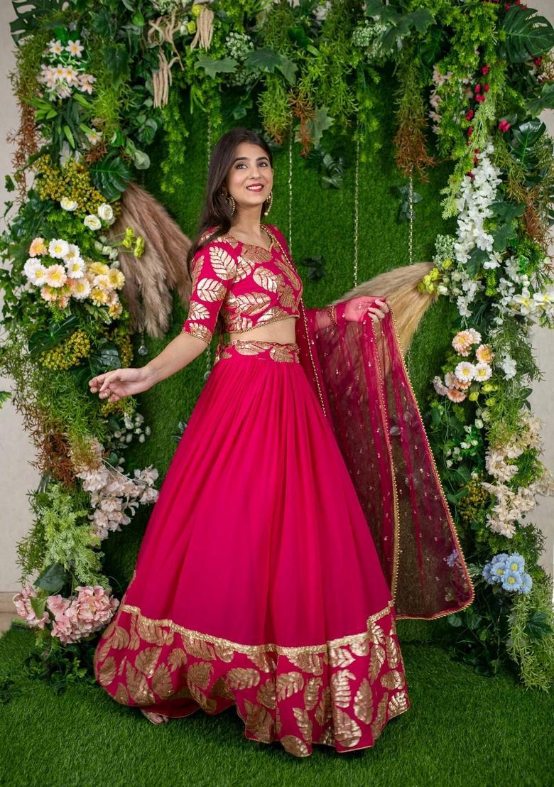 Rani Pink Embroidered Georgette Lehenga Set - Indya