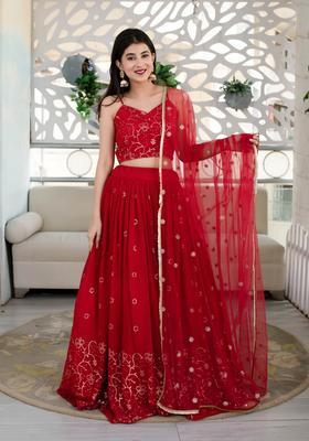 Red Embroidered Georgette Lehenga Set
