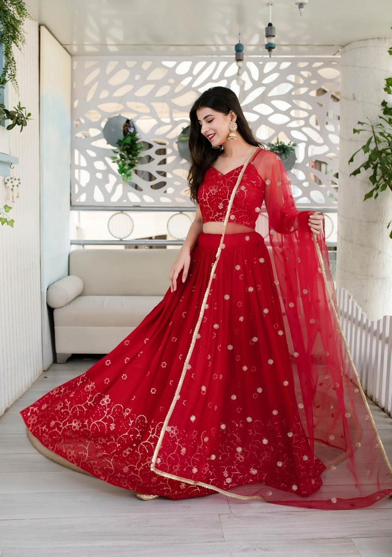 Red Embroidered Georgette Lehenga Set - Indya