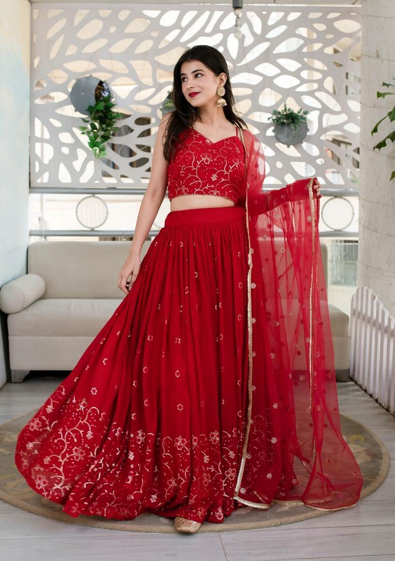 Red Embroidered Georgette Lehenga Set - Indya