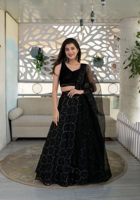 Black Embroidered Georgette Lehenga Set