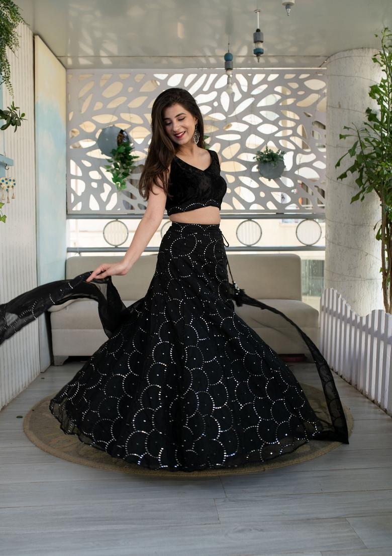 Black Embroidered Georgette Lehenga Set - Indya
