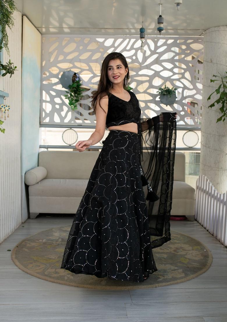Black Embroidered Georgette Lehenga Set - Indya