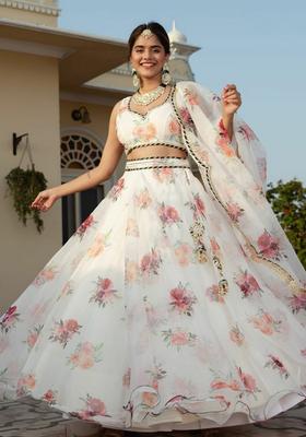 White Printed Organza Lehenga Set