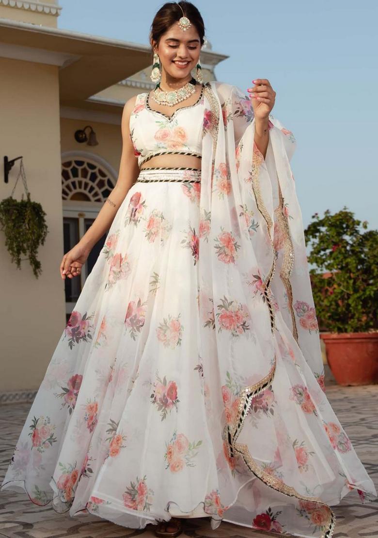 White Printed Organza Lehenga Set - Indya