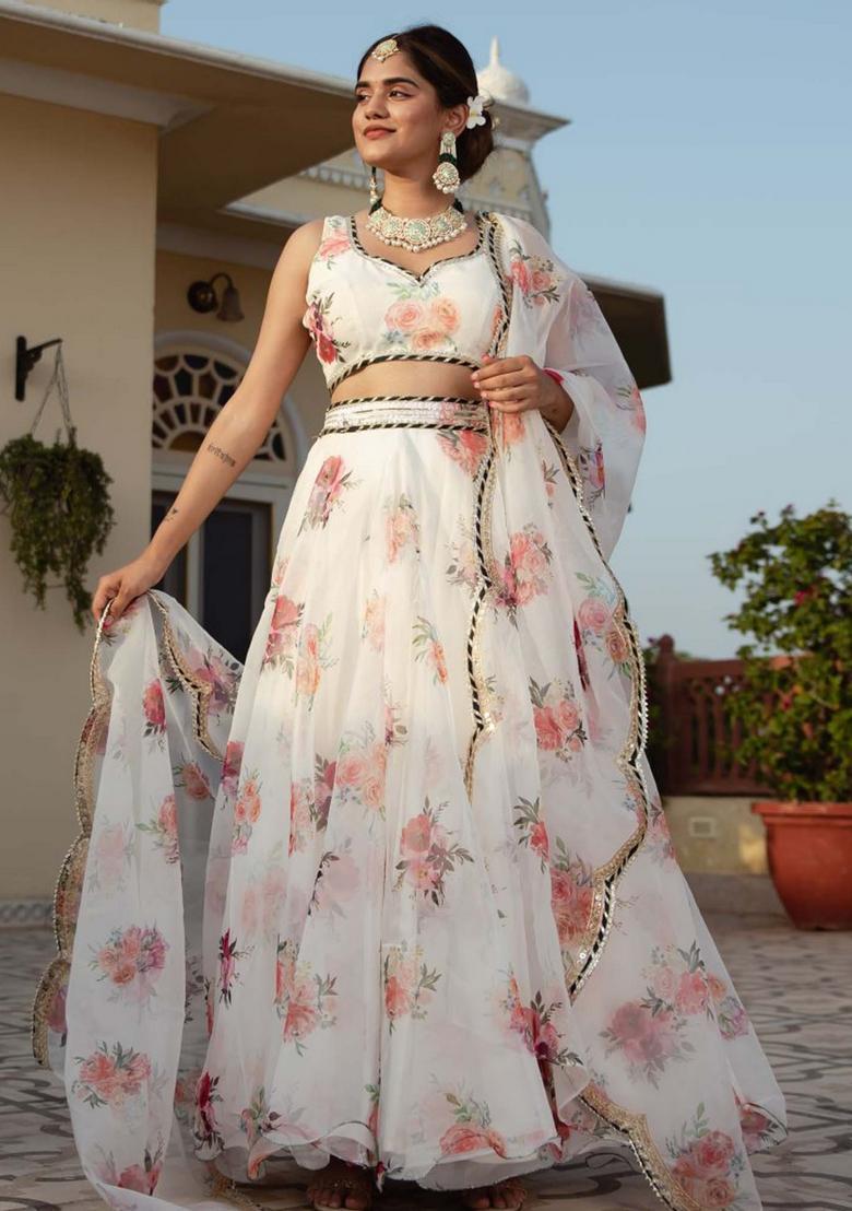 White Printed Organza Lehenga Set - Indya
