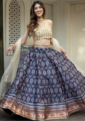Blue Printed Silk Lehenga Set