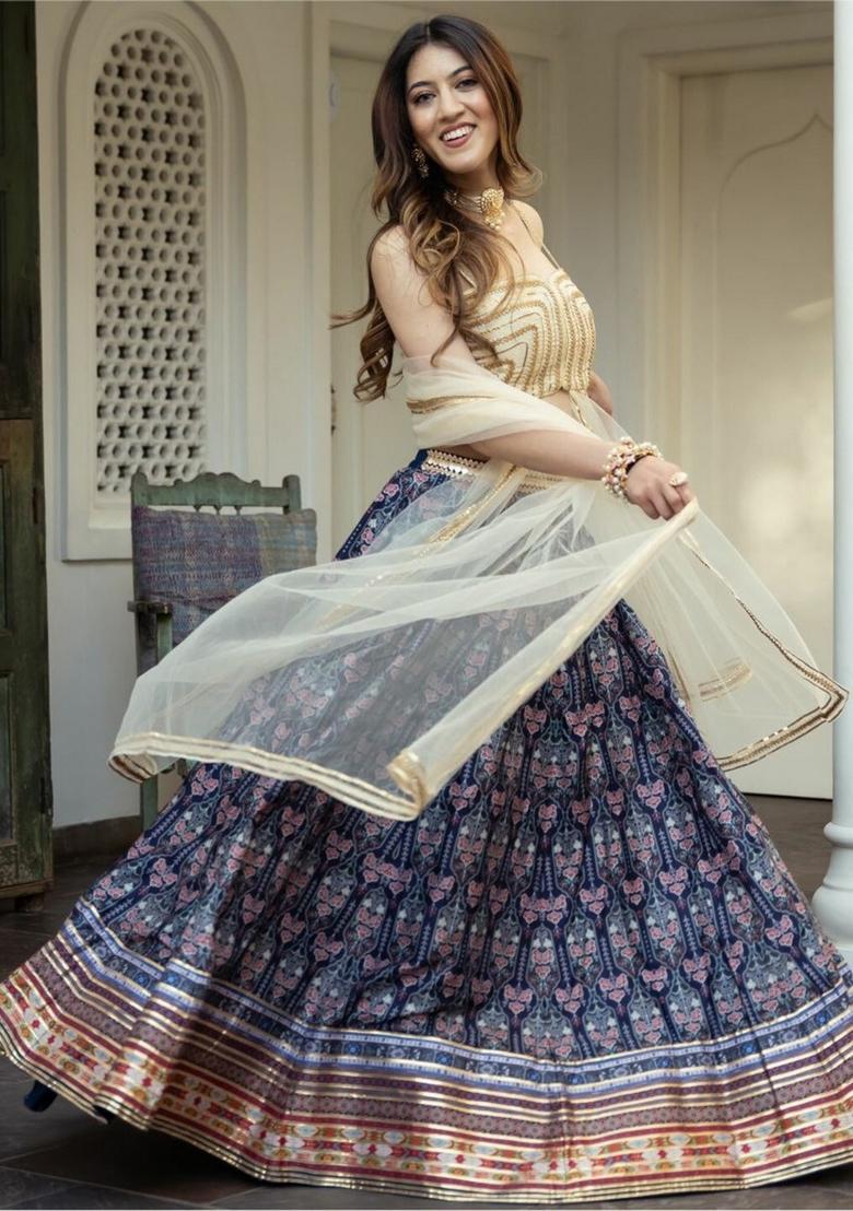 Blue Printed Silk Lehenga Set - Indya