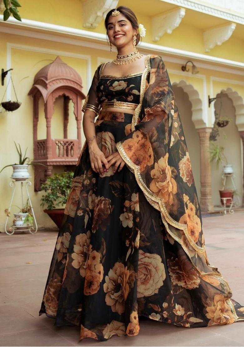 Black Printed Organza Lehenga Set - Indya