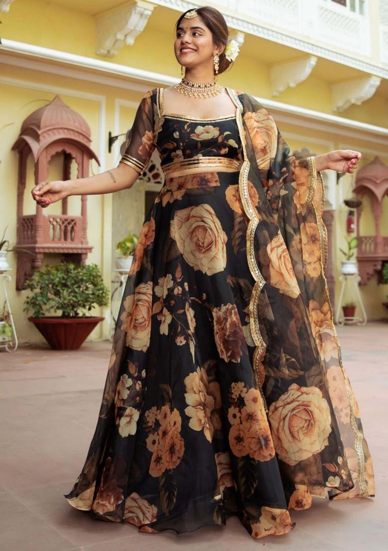 Black Printed Organza Lehenga Set - Indya