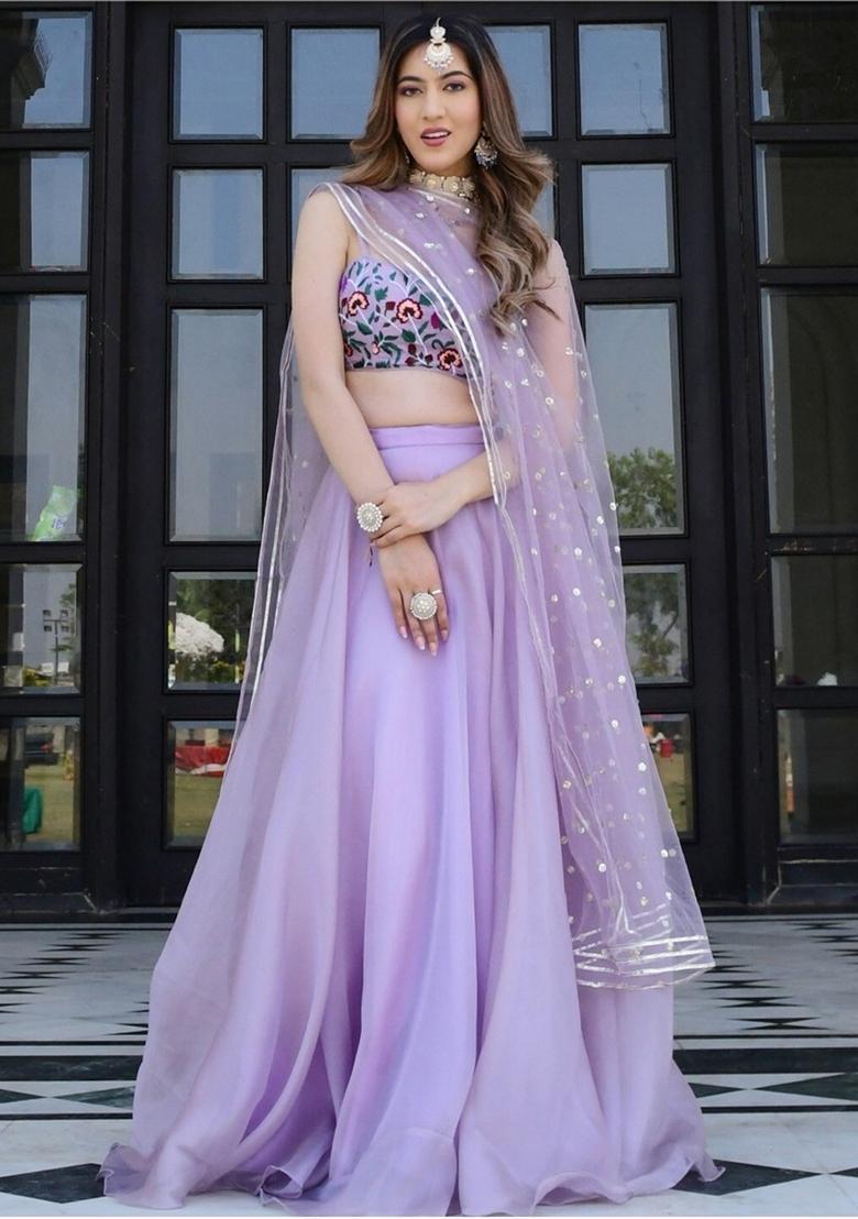 Lavender Printed Organza Lehenga Set - Indya
