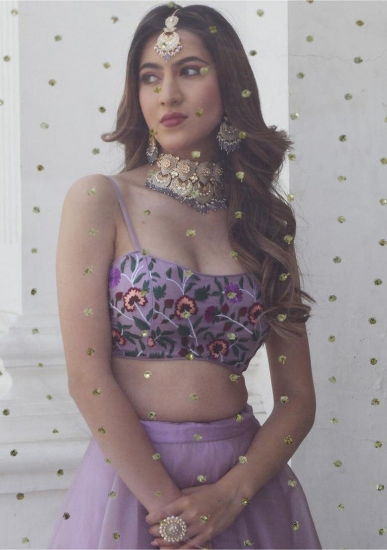 Lavender Printed Organza Lehenga Set - Indya