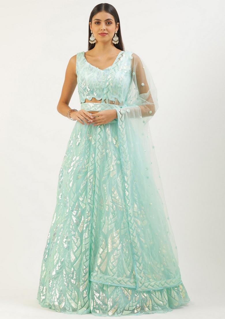 Blue Embroidered Net Lehenga Set - Indya