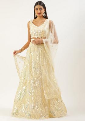 Light Yellow Embroidered Net Lehenga Set
