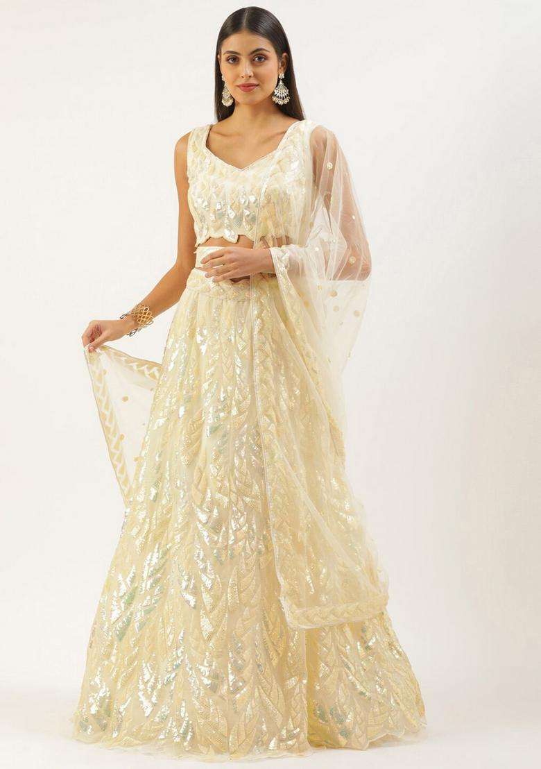 Light Yellow Embroidered Net Lehenga Set - Indya