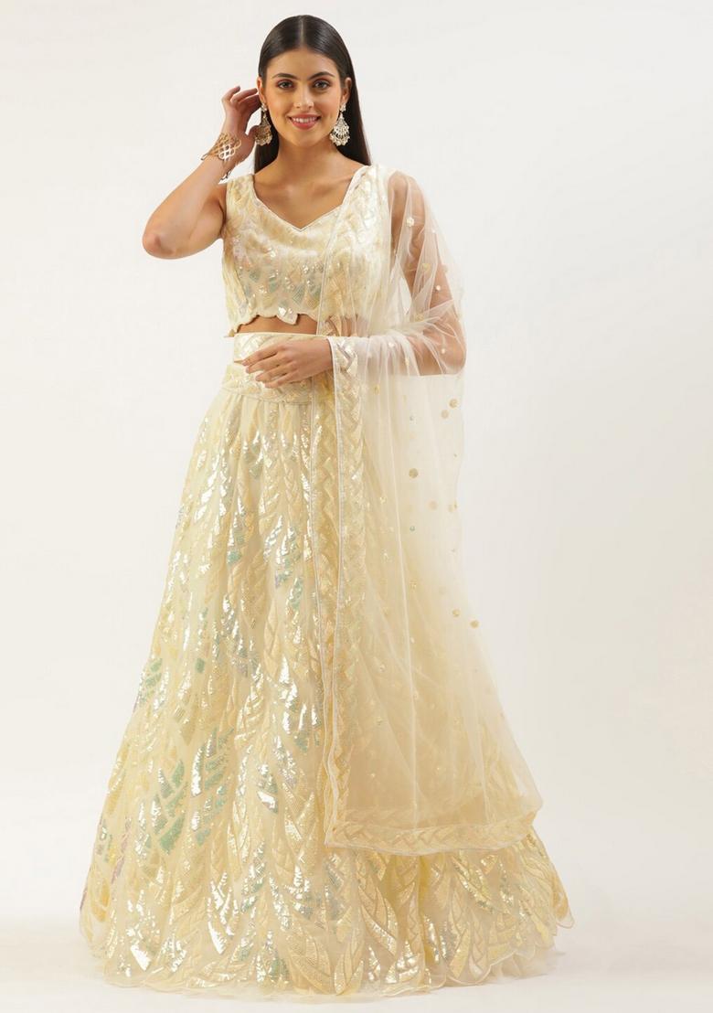 Light Yellow Embroidered Net Lehenga Set - Indya
