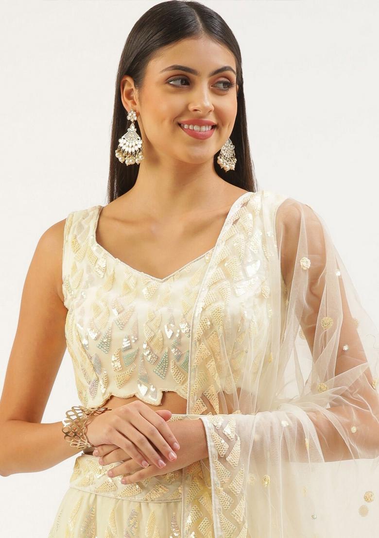 Light Yellow Embroidered Net Lehenga Set - Indya