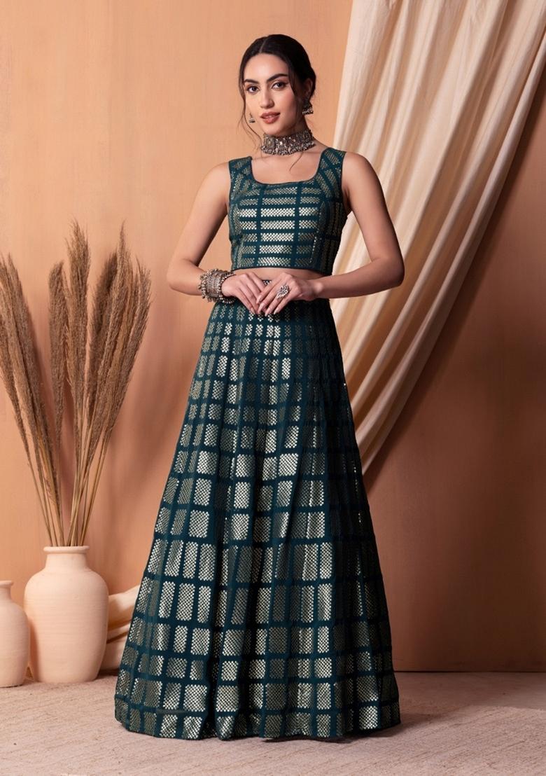 Teal Blue Embroidered Georgette Lehenga Set - Indya