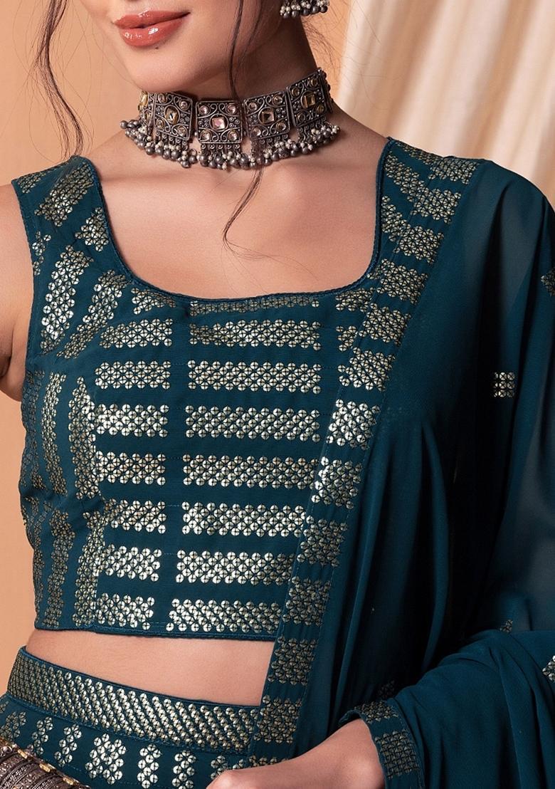 Teal Blue Embroidered Georgette Lehenga Set - Indya
