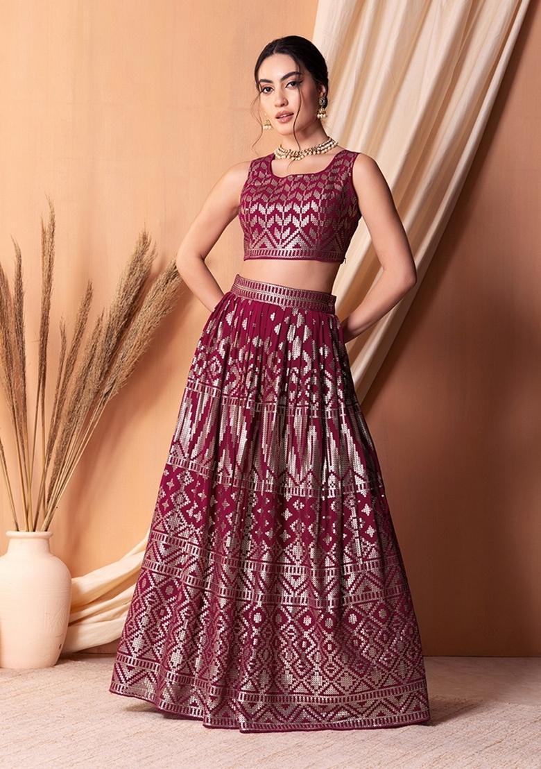 Rani Pink Embroidered Georgette Lehenga Set - Indya