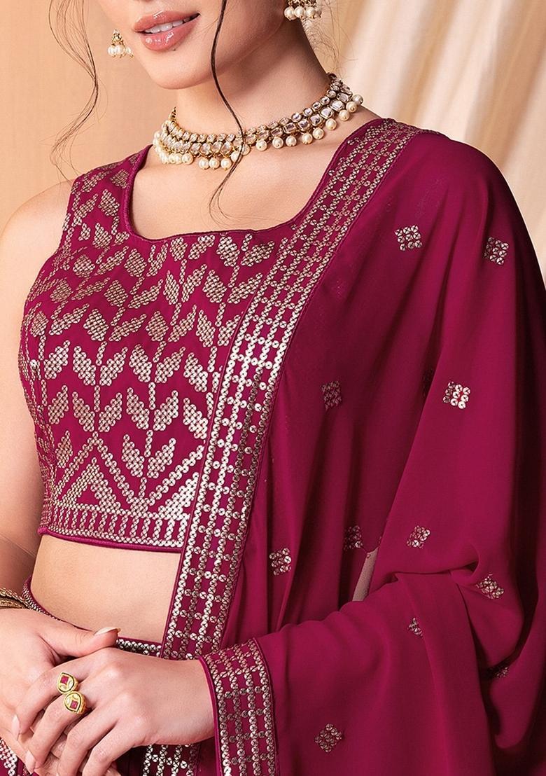 Rani Pink Embroidered Georgette Lehenga Set - Indya