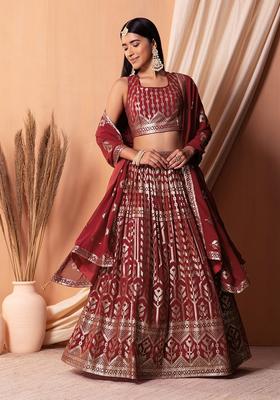 Maroon Embroidered Georgette Lehenga Set