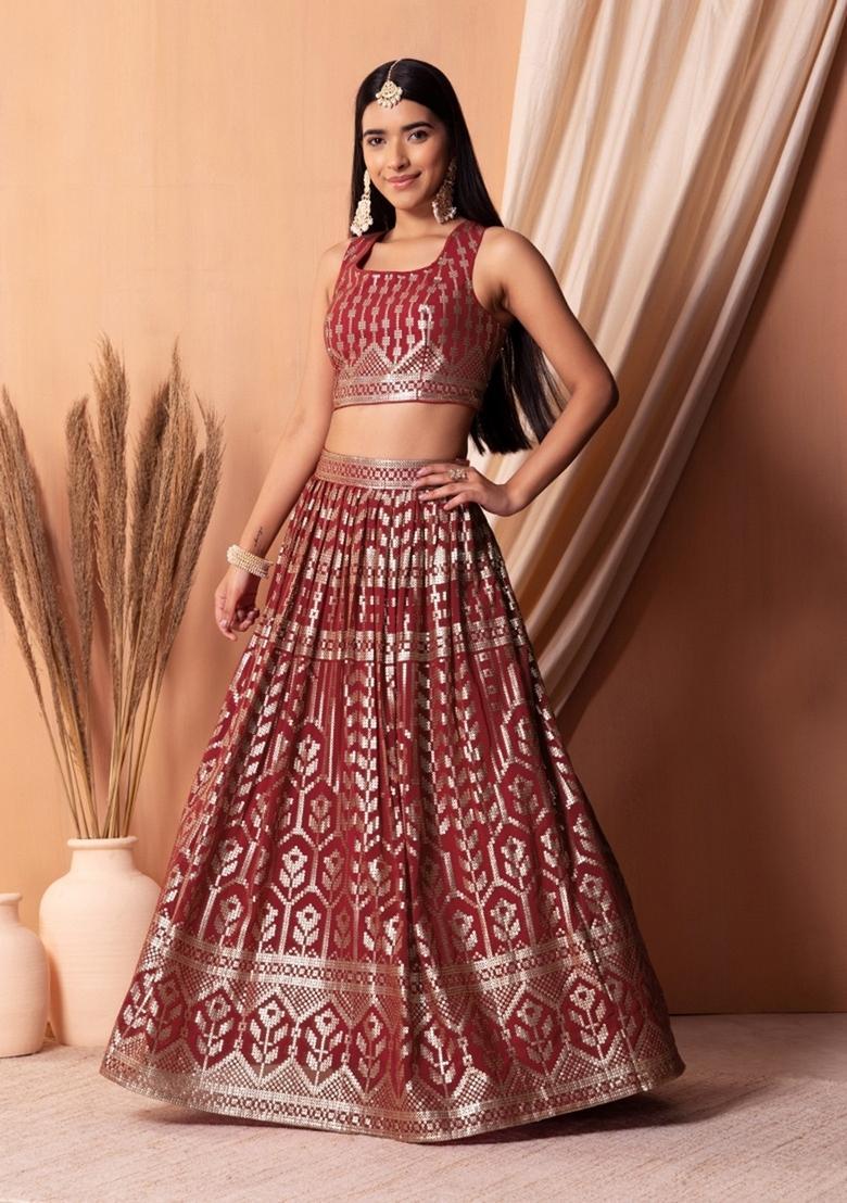 Maroon Embroidered Georgette Lehenga Set - Indya