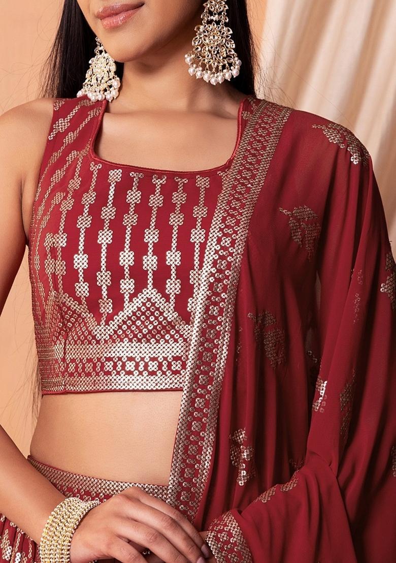 Maroon Embroidered Georgette Lehenga Set - Indya