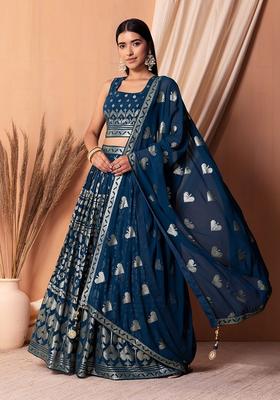 Blue Embroidered Georgette Lehenga Set
