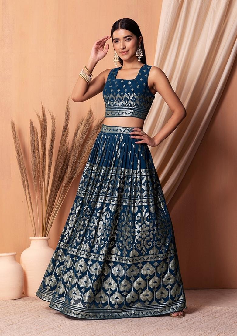 Blue Embroidered Georgette Lehenga Set - Indya