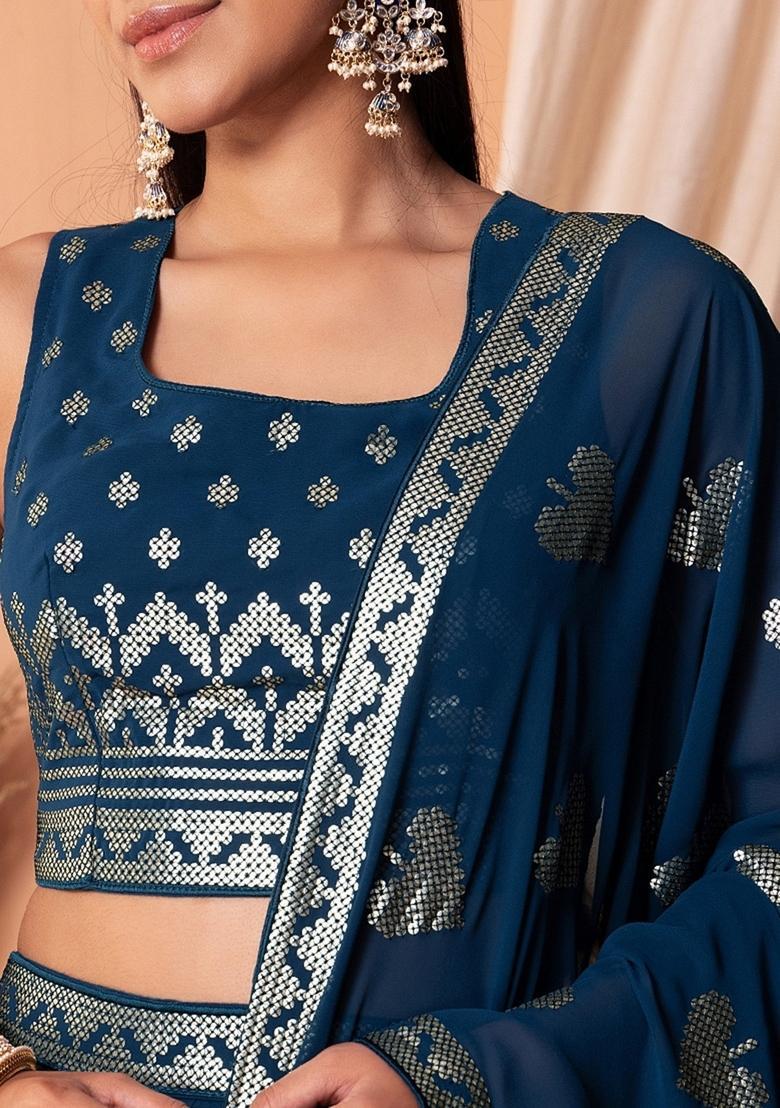 Blue Embroidered Georgette Lehenga Set - Indya
