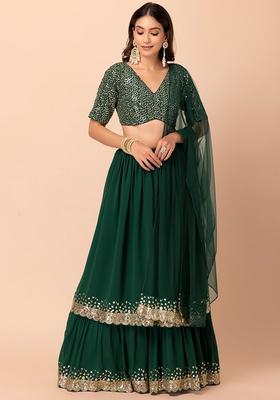 Green Embroidered Georgette Lehenga Set