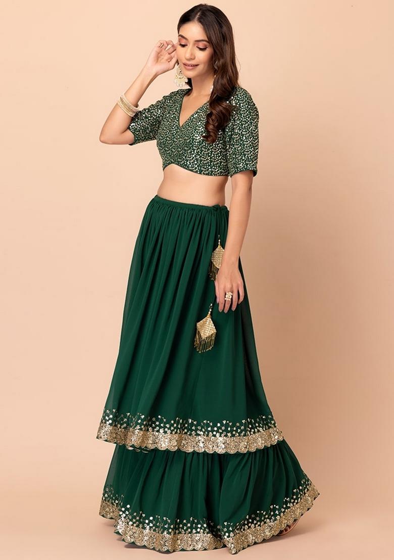 Green Embroidered Georgette Lehenga Set - Indya