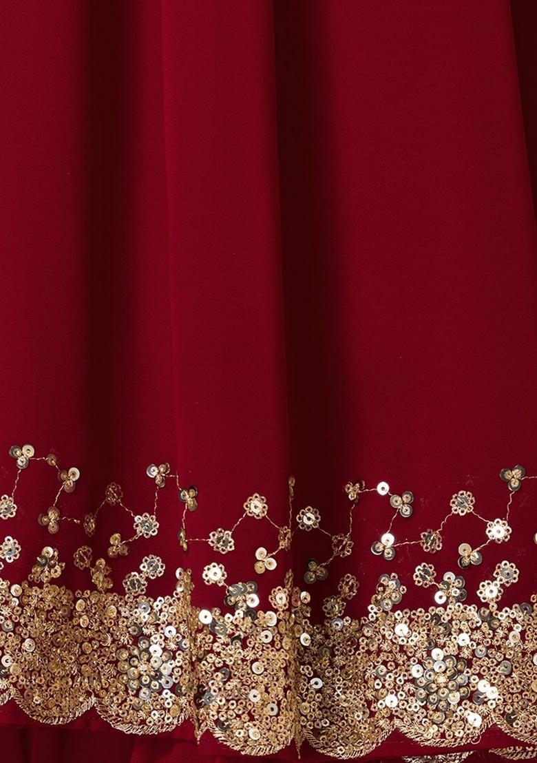 Red Embroidered Georgette Lehenga Set - Indya