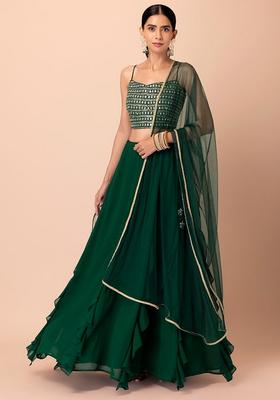 Green Embroidered Georgette Lehenga Set