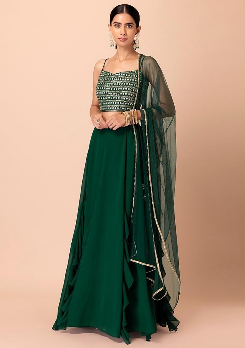 Green Embroidered Georgette Lehenga Set - Indya
