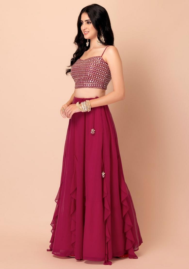 Pink Embroidered Georgette Lehenga Set - Indya